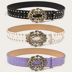 Women Retro PU Leather Belt Rhinestone Hollow Buckle Waistband With Metal Studs Fashion Casual Belt For Dress Jeans