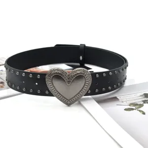 Black PU leather studded belt featuring an antique silver tone heart buckle for daily wear.