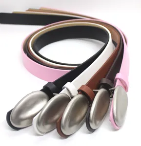 Detailed view of trendy multi-color leather belts with unique oval metal buckles for everyday wear.