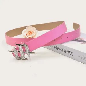 Fashion pink rhinestone belt with sparkly star buckle aesthetic waist accessory for women.