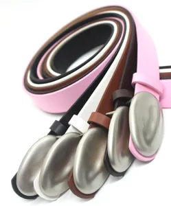 Detailed view of fashionable women waist belts with stylish oval metal buckles in multi colors.