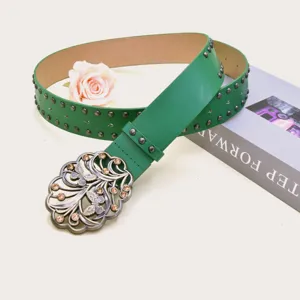Cintura in pelle verde alla moda con borchie metalliche e fibbia farfalla strass.