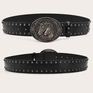 Vintage Y2K black leather studded belt featuring an ornate western metal horse buckle and studs.