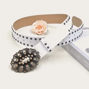 White vintage rhinestone carved decorative belt, stylish European style belt for women.