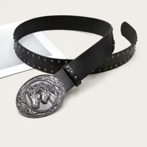 Y2K Vintage Rivet Women's Leather Belt with Western Horse Buckle Black Jeans Accessories