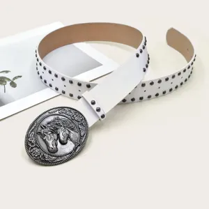 Y2K vintage white leather belt with metal studs and double horse head buckle for women jeans.