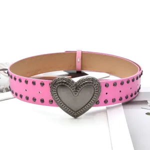 Pink heart buckle belt with metal studs, punk Y2K style PU leather waist belt for women.
