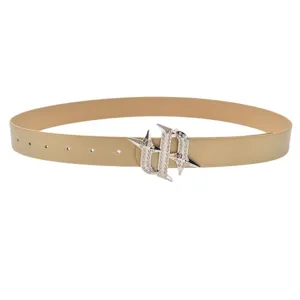 Stylish champagne leather belt featuring a dazzling rhinestone gothic star metal buckle accessory.