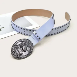 Retro Y2K studded leather belt for women, vintage double horse buckle waist accessory.