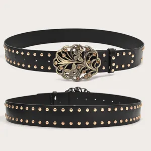 Cintura in pelle nera con borchie dorate e fibbia vintage con strass a farfalla