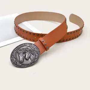 Stylish retro Y2K brown leather studded belt featuring a carved horse buckle for women.