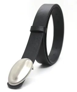 Stylish black leather belt with unique oval metal buckle for fashion daily wear.