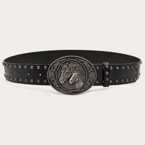 Detailed view of the Y2K vintage black studded leather belt featuring a carved horse head oval buckle.