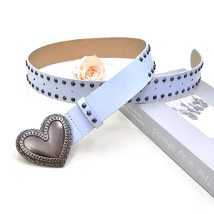Light blue PU leather belt featuring a vintage metal heart buckle and double row metal studs for women.