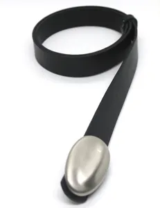 Black leather belt featuring a modern silver-tone metal oval buckle for stylish daily wear.