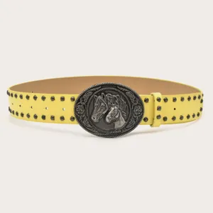 Vintage yellow studded belt with retro horse head metal buckle for women denim jeans Y2K