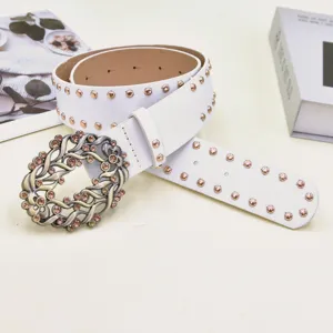 White rhinestone women belt vintage fashion PU leather waist belt casual dress accessory