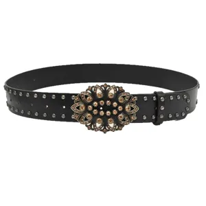 Vintage black leather belt with rhinestone floral metal buckle and studs for women fashion.