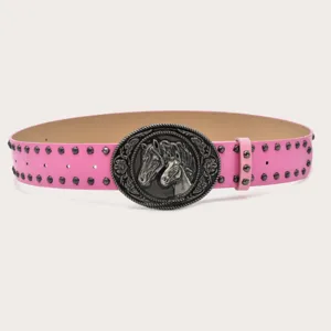 Y2K retro pink studded belt for women, vintage style metal horse head buckle denim jeans belt