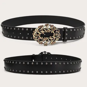 Retro black leather belt for women with metal studs and vintage rhinestone smooth buckle fashion.