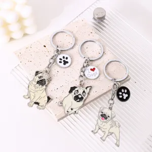 Adorable ensemble de porte-clés chien carlin en métal pendentif mignon animal sac cadeau