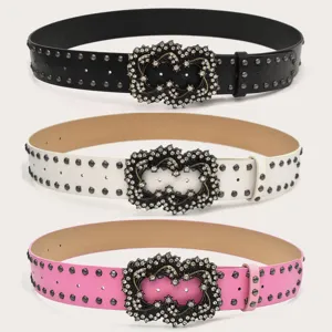 Women Fashion Punk Style Wide PU Leather Belt With Rhinestone Double Ring Metal Buckle Rivet Casual Jeans Waist Belt