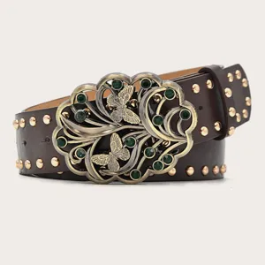 Women PU Leather Wide Belt Y2K Punk Vintage Waist Belt With Metal Rivets Rhinestone Butterfly Buckle Fashion