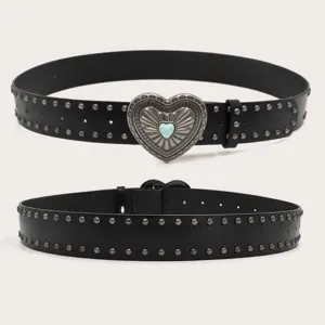Women vintage punk rivet leather belt with heart buckle, stylish gothic y2k accessory.