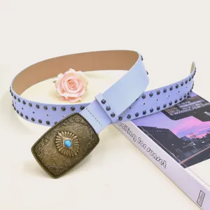 Retro ethnic wide belt for women, featuring ornate vintage metal buckle and studs.