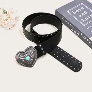 Women vintage punk style black leather belt with metal studs and turquoise heart buckle.