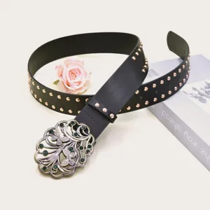 Y2K punk wide leather belt with metal studs and rhinestone butterfly buckle for women fashion.