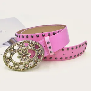 Women pink rhinestone flower oval buckle belt vintage studded fashion waist accessory