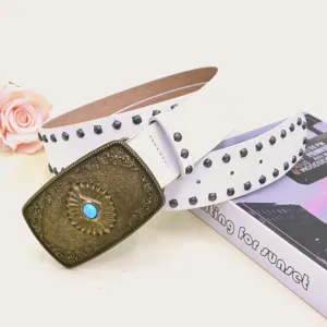 Vintage wide belt with ornate bronze buckle and blue stone for women fashion accessory.