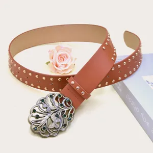 Y2K punk wide brown leather belt with metallic studs and vintage butterfly rhinestone buckle.