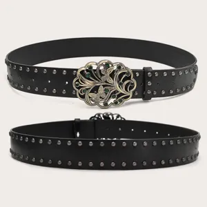 Punk Y2K style wide black leather belt featuring metal studs and vintage butterfly buckle.