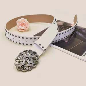 Y2K punk wide studded belt for women with vintage butterfly buckle, stylish white leather waist.