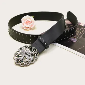 Y2K Punk Wide Leather Belt for Women Retro Rivet Butterfly Green Gemstone Metal Buckle