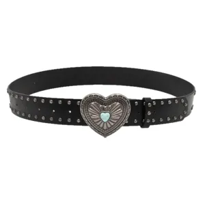 Retro punk style black leather belt with metal studs and ornate heart buckle for women fashion.