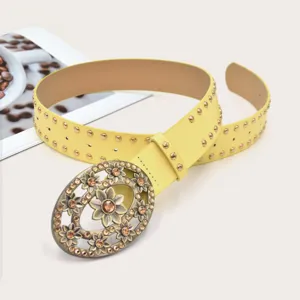 Close-up detail of the vintage yellow women belt featuring a stunning rhinestone floral oval buckle.