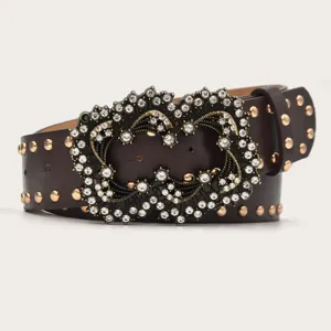 Detailed close-up view of the dark brown leather belt with shiny rhinestones and golden metal studs.