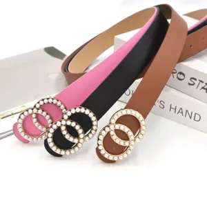 Women fashion pearl double circle buckle belt PU leather dress jeans waist accessory