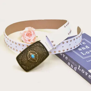 Retro women's white leather belt with ornate bronze buckle and metallic studs for dresses.