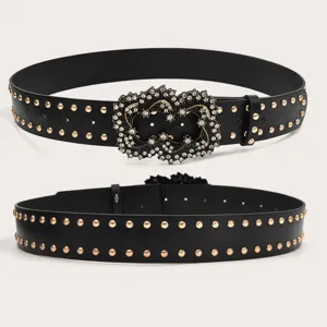 Black punk wide belt with metal studs and sparkling rhinestone buckle for women jeans fashion