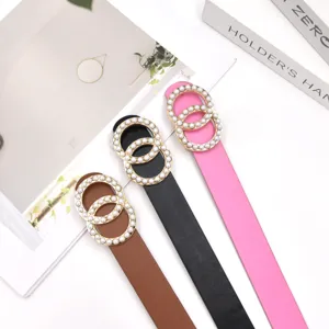 Elegant women's belt featuring a sweet double round pearl buckle design for dresses and jeans.