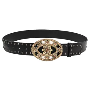 Women vintage hollow rhinestone flower oval buckle black leather belt fashion waist accessory