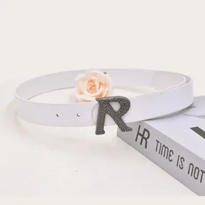 White PU leather belt for women featuring a stylish metal R letter buckle, ideal for daily.