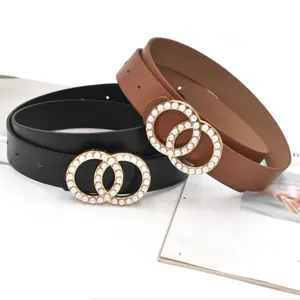 Women pearl double circle buckle belt fashion dress jeans leather belt details view