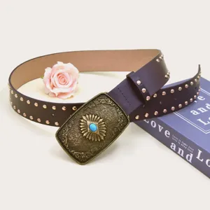 Vintage wide leather belt for women with retro metal buckle and chic rivets, perfect for dresses.
