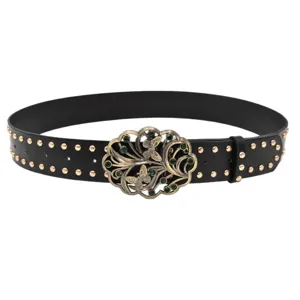 Y2K Punk Black Leather Belt with Gold Studs Vintage Butterfly Rhinestone Buckle Women