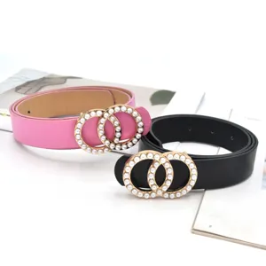 Women fashion leather belt set with faux pearl double ring metal buckle for dress jeans